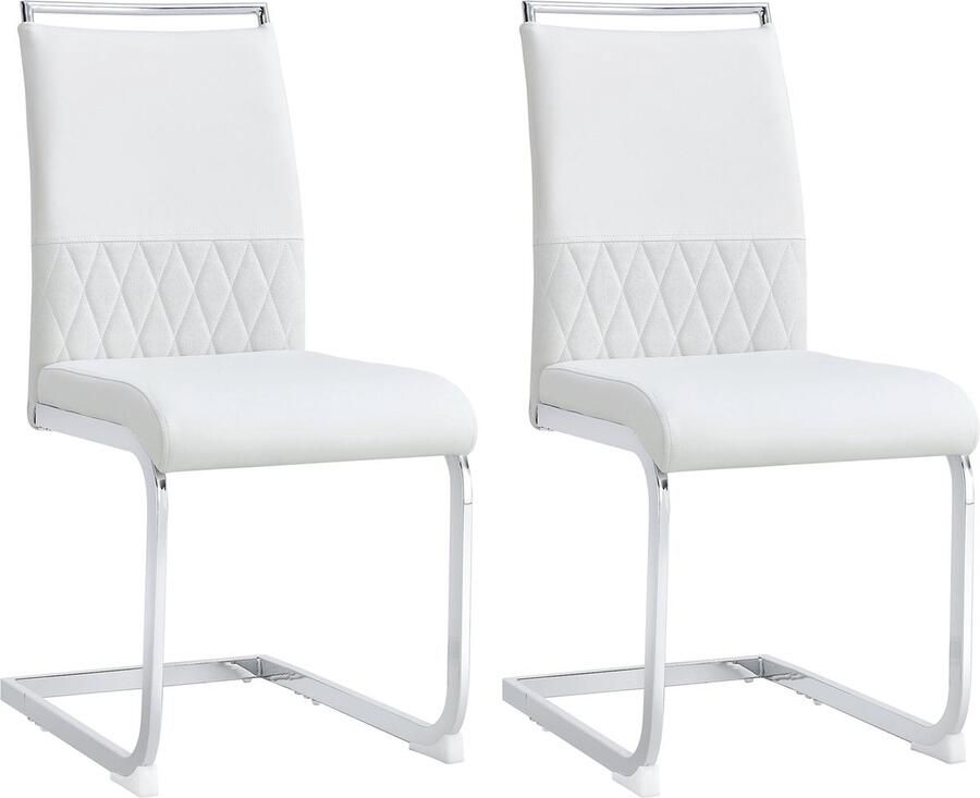 Merax Luxe Eetkamerstoelen Set van 2 Kunstleer Gestoffeerde Stoelen zonder Armleuningen Wit met Zilver