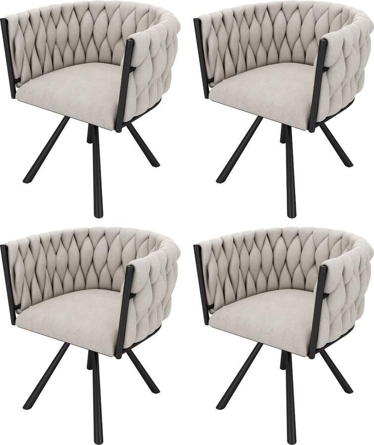 Merax Luxe Eetkamerstoelen – Set van 4 – Draaibare Stoelen – 360° Rotatie – Linnen Bekleding – Stevige Metalen Poten – Ergonomisch Design – Beige en Zwart
