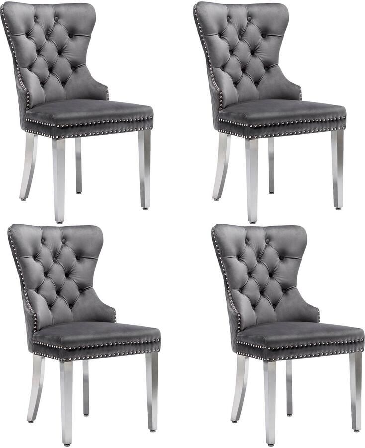 Merax Luxe Eetkamerstoelen – Set van 4 – Gestoffeerd met Fluweel – Metalen Poten – Stijlvol Design met Handgreep en Nagelkopdetails – Grijs