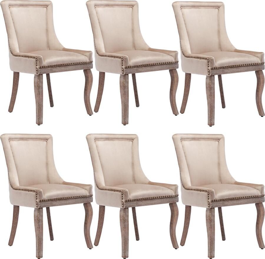 Merax Luxe Eetkamerstoelen Set van 6 Beige Velvet Stoelen met Nagelkopdecoratie