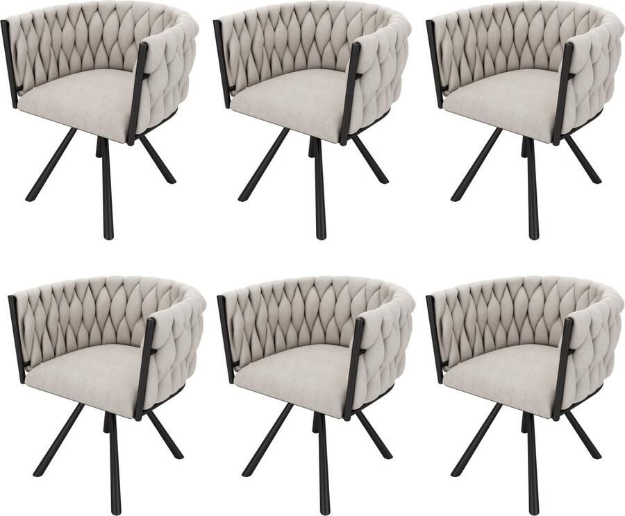 Merax Luxe Eetkamerstoelen – Set van 6 – Draaibare Stoelen – 360° Rotatie – Linnen Bekleding – Stevige Metalen Poten – Ergonomisch Design – Beige en Zwart