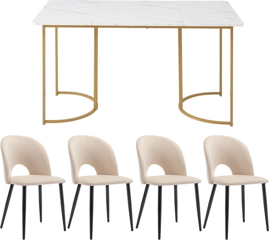 Merax [ niet compleet] Essgruppe (Set 140×80cm Esstisch mit 4 Stühlen) Moderner Küchentisch Set Samt Esszimmerstuhl Mit Diamantmuster Verstellbare Stuhlbeine Beige Samt MDF Tischplatte in Weißer Golden Tischbeine