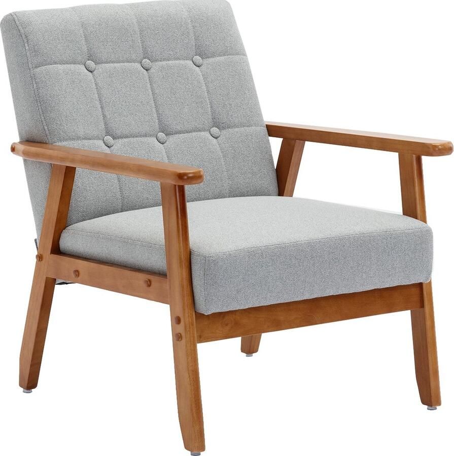 Merax Luxe Fauteuil met Massief Houten Armleuningen en Poten – Mid-Century Modern Accent Chair – Voor Woonkamer Slaapkamer of Studio – Lichtgrijs Linnen