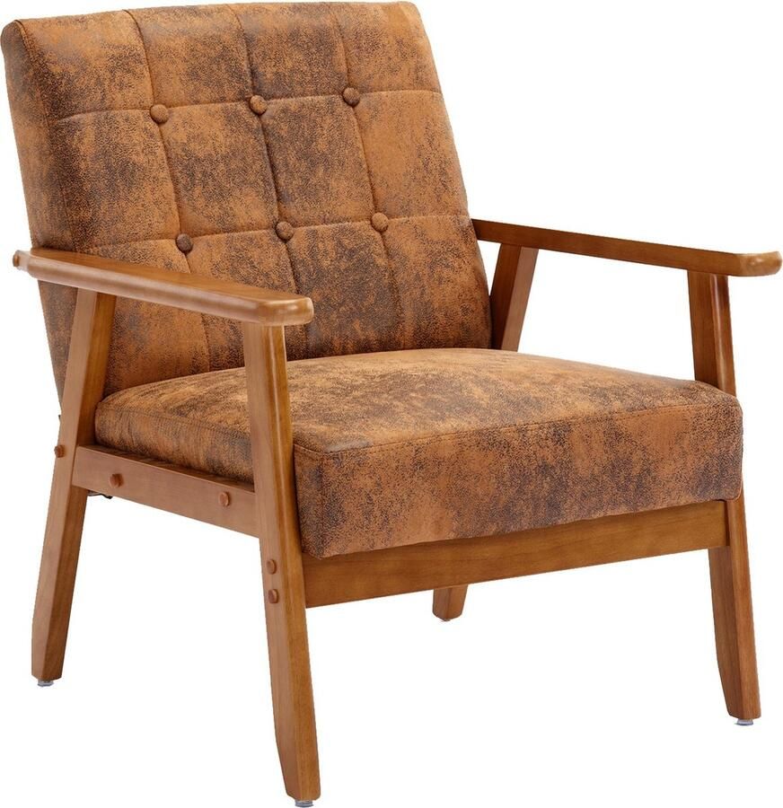 Merax Luxe Fauteuil met Massief Houten Armleuningen en Poten – Mid-Century Modern Accent Chair – Voor Woonkamer Slaapkamer of Studio – Microsuede Koffiebruin