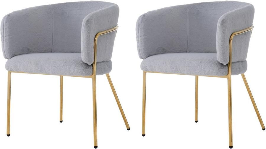 Merax Luxe Fauteuils Set van 2 – Imitatiebont Stoelen met Metalen Poten – Comfortabele Designstoelen Grijs met Goud