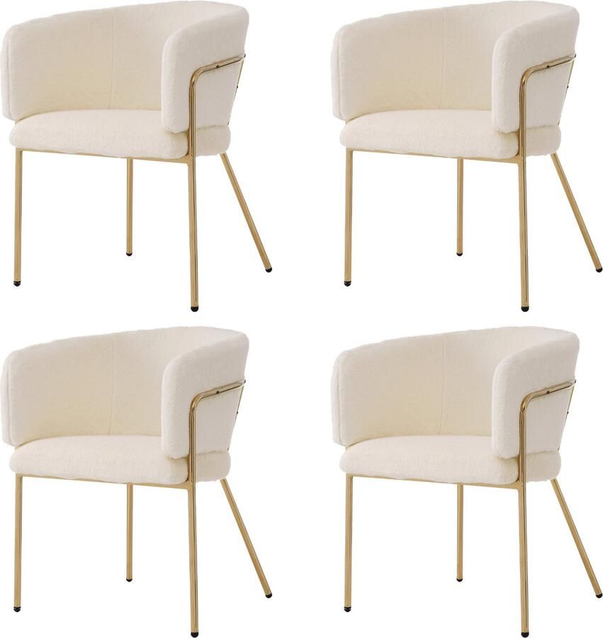 Merax Luxe Fauteuils – Set van 4 – Elegante Comfortstoelen – Geschikt voor Woonkamer Slaapkamer en Eetkamer – Imitatie Konijnenbont – Metalen Poten – Draagkracht 150 KG per stoel – Beige
