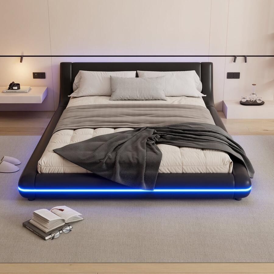 Merax Laag Tweepersoonsbed 140x200 cm – Zwart Kunstleer – Bedframe met LED-Verlichting via Afstandsbediening – Modern Design Zonder Matras - Foto 2