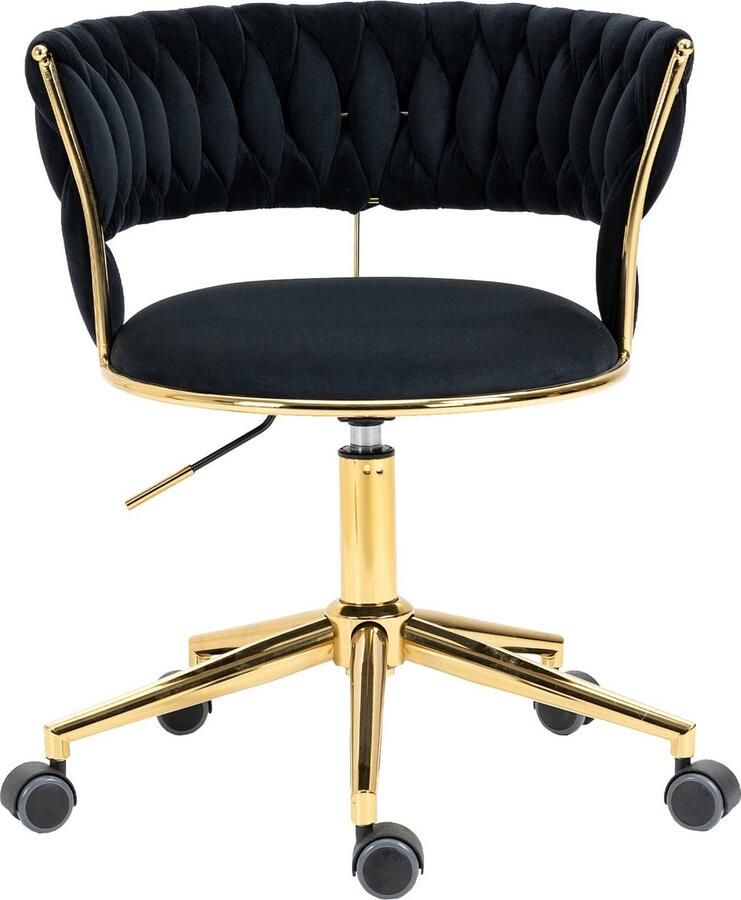 Merax Luxe Fluwelen Bureaustoel 360° Draaibaar In Hoogte Verstelbaar Met Uniek Gevlochten Rugleuning en Aushollingsontwerp Comfortabele Zwarte Stoel Met RVS Basis en 5 Wielen