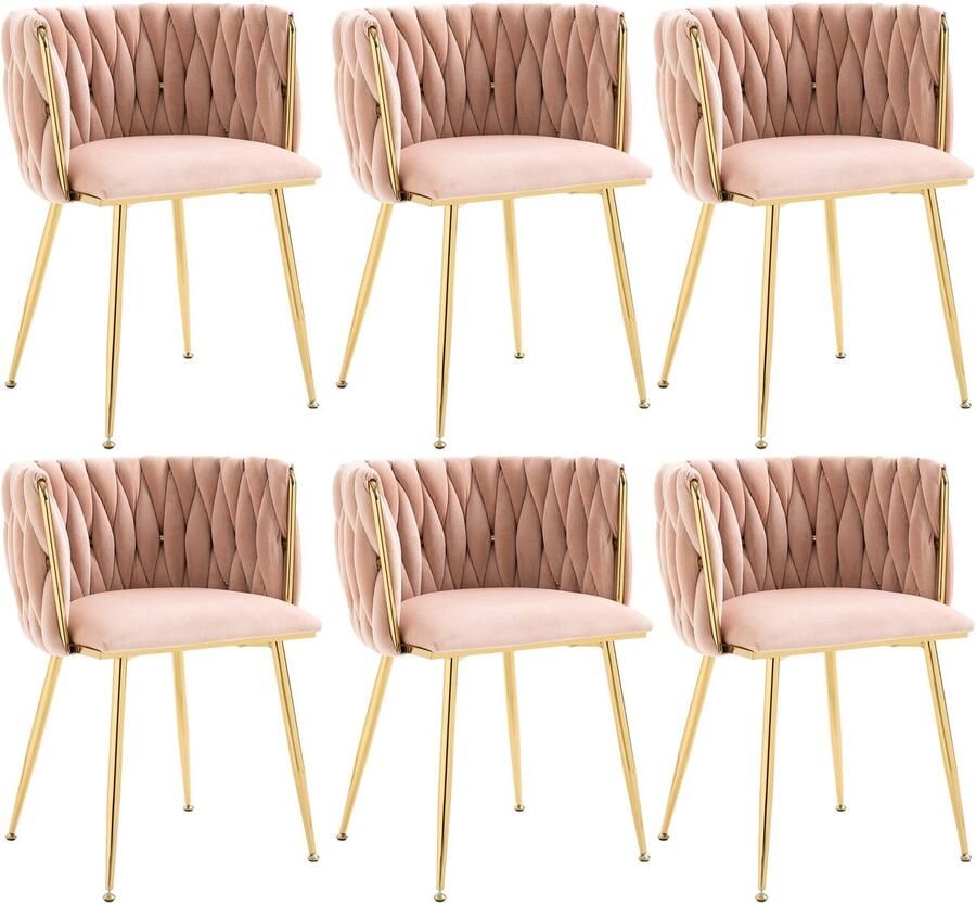 Merax luxe fluwelen eetkamerstoelen roze – set van 2 stoelen met gouden metalen poten en handgeweven rugleuning – comfortabele stoelen voor eetkamer woonkamer of slaapkamer