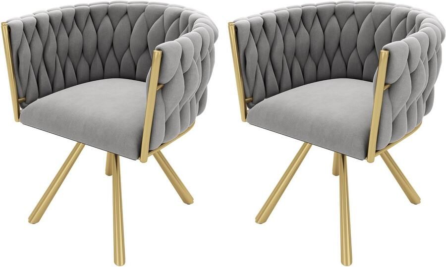 Merax Set van 2 Luxe Fluwelen Draaibare Eetkamerstoelen – Grijs en Goud – Met 360° Draai Ergonomisch Ontwerp en Stalen Poten