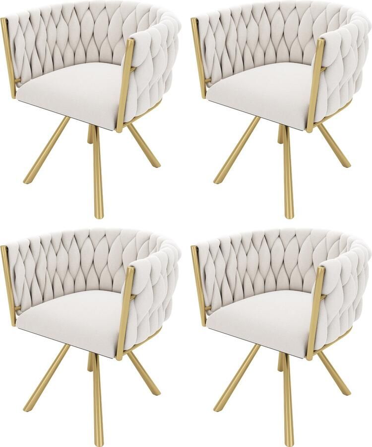 Merax Set van 4 Luxe Fluwelen Draaibare Eetkamerstoelen – Beige en Goud – Met 360° Draai Ergonomisch Ontwerp en Stalen Poten