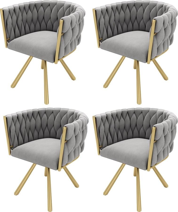 Merax Set van 4 Luxe Fluwelen Draaibare Eetkamerstoelen – Grijs en Goud – Met 360° Draai Ergonomisch Ontwerp en Stalen Poten