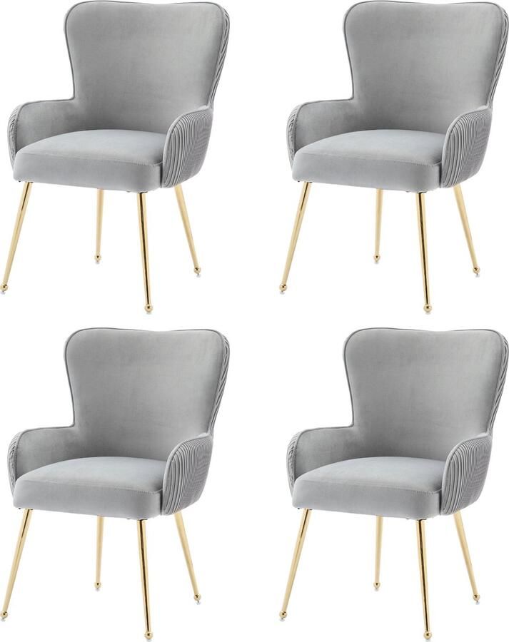 Merax Luxe Fluwelen Eetkamerstoelen – Set van 4 – Grijs met Gouden Poten – Ergonomisch Design met Armleuningen en Lendensteun