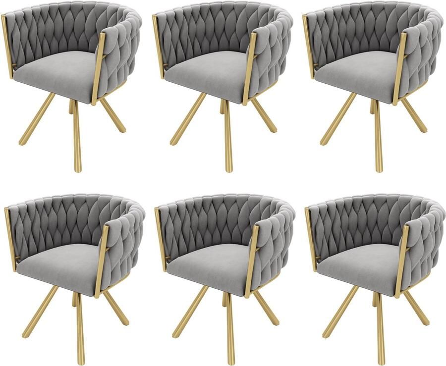 Merax Set van 6 Luxe Fluwelen Draaibare Eetkamerstoelen – Grijs en Goud – Met 360° Draai Ergonomisch Ontwerp en Stalen Poten
