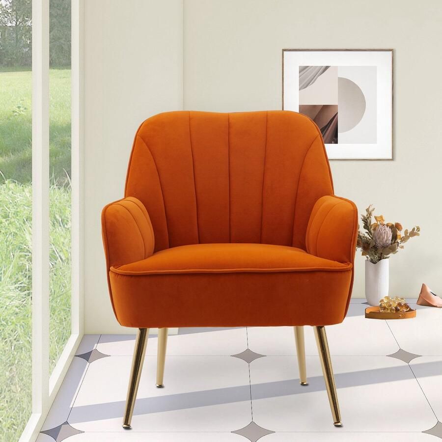 Merax Luxe Fluwelen Fauteuil Comfortabele Loungestoel met Gouden Metalen Poten Ergonomisch Design Voor Woonkamer Kantoor Slaapkamer Oranje