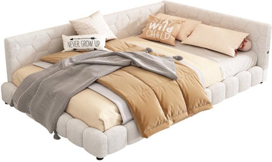 Merax Gestoffeerd Bed 140x200 cm LED Verlichting met Afstandsbediening en USB Type-C Aansluiting Luxe Fluwelen Tweepersoonsbed met Houten Lattenbodem Wit