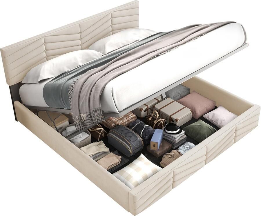 Merax Kingsize Tweepersoonsbed 180x200 cm Fluwelen Bed met Hydraulische Opbergruimte en Verstelbaar Hoofdbord Beige