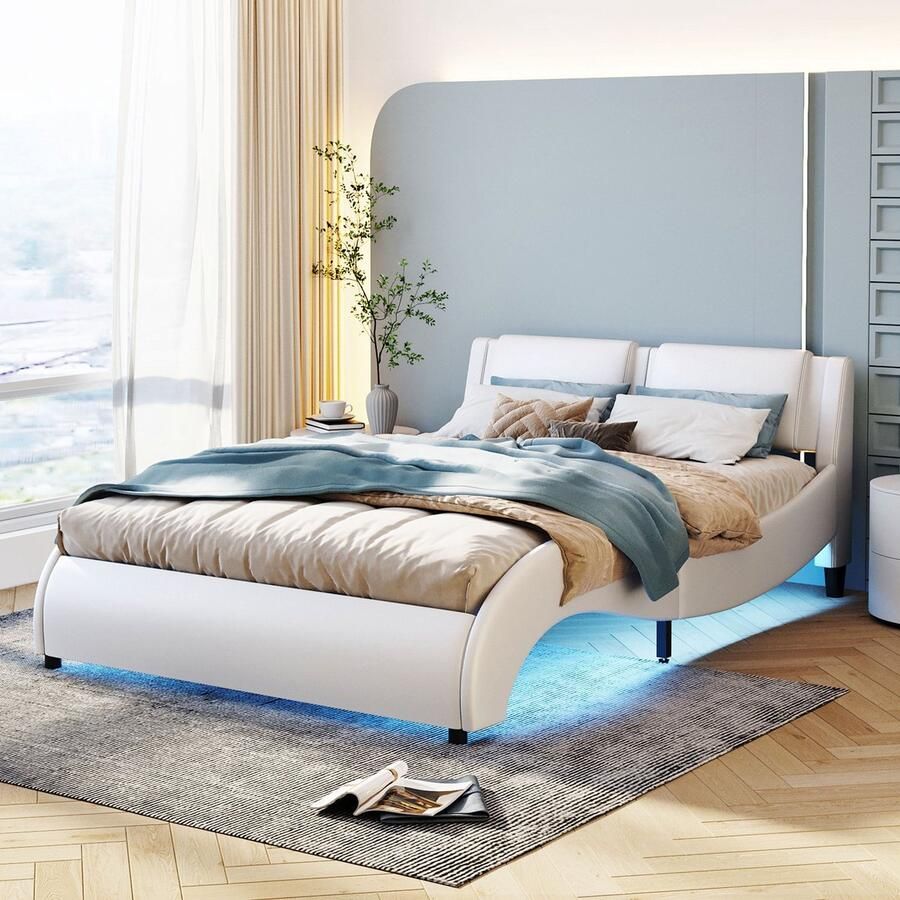 Merax Luxe Golvend Bedframe 140x200 cm met LED-Verlichting Kunstleer Gestoffeerd Tweepersoonsbed met Lattenbodem Wit