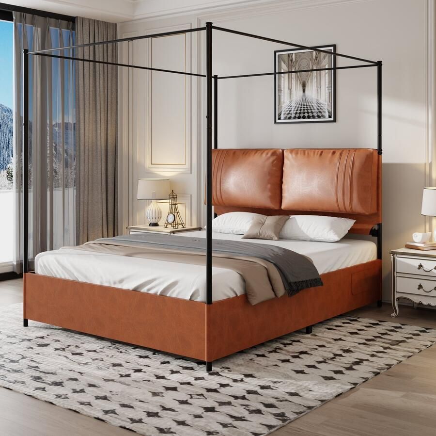 Merax Luxe Hemelbed – Gestoffeerd Bed 140x200 cm met Lederen Kussens – Metalen Frame – Verwijderbare Baldakijn – Bruin (Zonder Matras)
