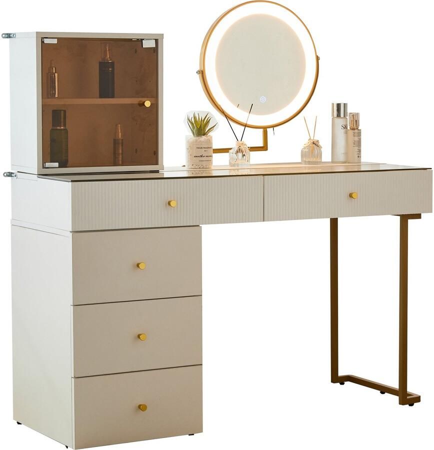 Merax Luxe Kaptafel met LED Verlichting in Spiegel 120x45x115 cm Make-up Tafel met Glazen Tafelblad en Opbergruimte Wit met Gouden Details