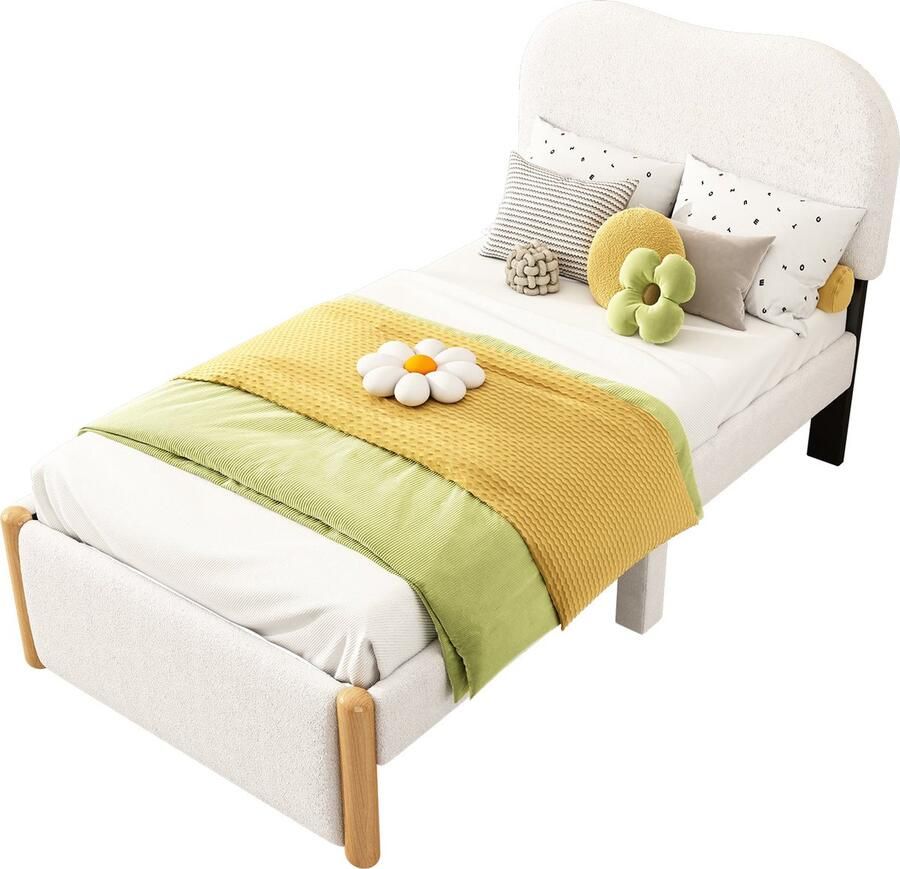 Merax Luxe Kinderbed 90x200 cm Pluche Gestoffeerd Bed met Witte Hoofdbord Wit