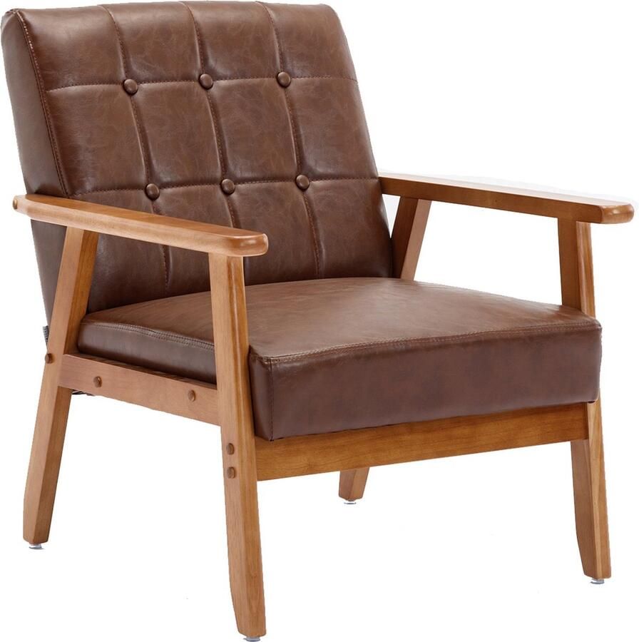 Merax Luxe Kunstleer Fauteuil met Massief Houten Armleuningen en Poten – Mid-Century Modern Accent Chair – Bruin