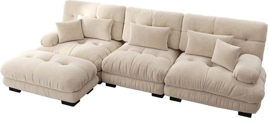 Merax Luxe Modulaire Hoekbank – XL L-vormige Cloud Bank met Diepe Zit & Ottoman – Comfortabele Chenille Slaapbank – Lichtbruin – 313x145x81 cm