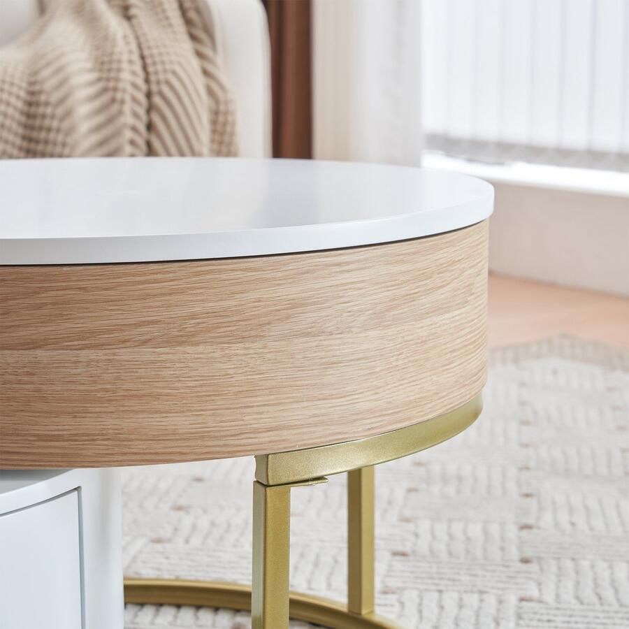 Merax Luxe Salontafel Set van 2 Verstelbare Salontafels met 2 Lades Bijzettafels Wit met Naturel Hout kleur en Goud