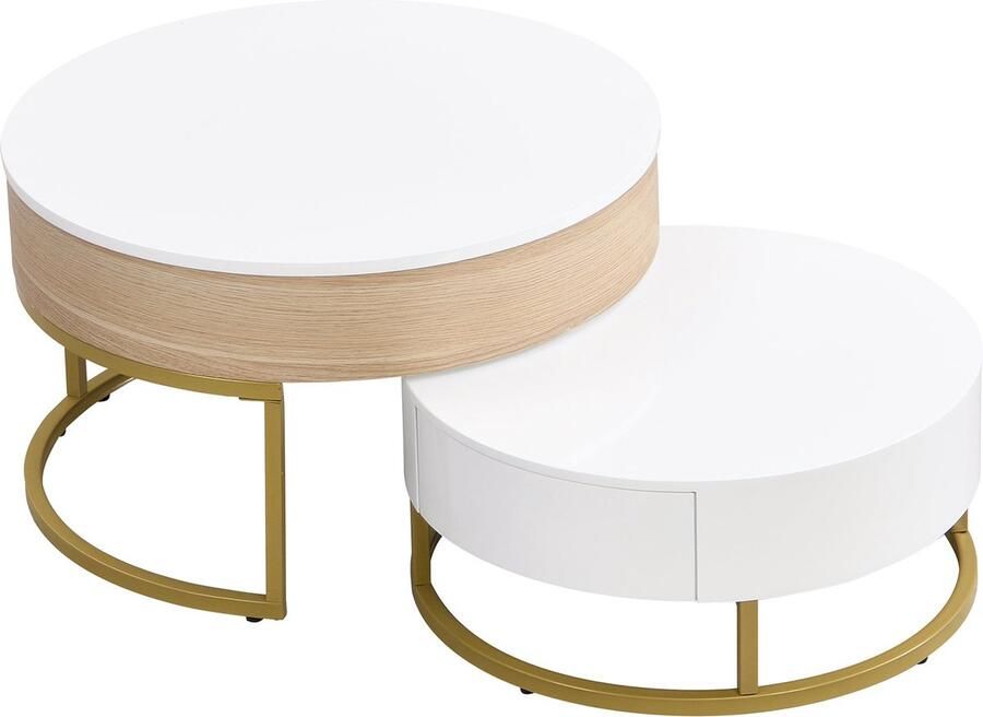 Merax Luxe Salontafel Set van 2 Verstelbare Salontafels met 2 Lades Bijzettafels Wit met Naturel Hout kleur en Goud - Foto 3