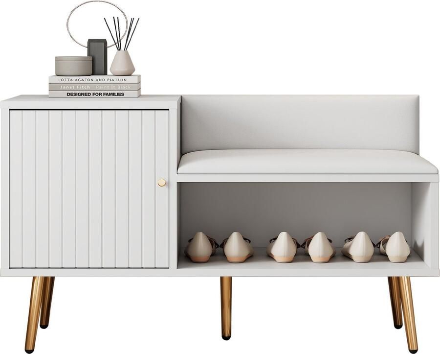 Merax Luxe Schoenbank met Opbergruimte Witte Zithoek met Rugleuning Gouden Handgrepen en Metalen Poten – Perfect voor de Hal – Afmetingen: B100 D38 H58 cm - Foto 2