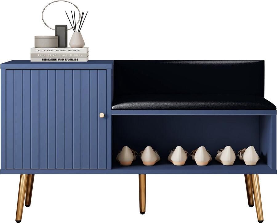 Merax Luxe Schoenenbank in Blauw met Opbergruimte Gepolsterde Zithoek en Rugleuning – Schoenrek met Metalen Handgrepen en Metalen Poten – Perfect voor de Hal