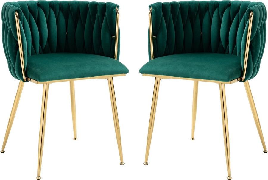 Merax Luxe set van 2 eetkamerstoelen in smaragdgroen velvet Goudkleurige metalen poten Elegant handgeweven design met zachte kussens