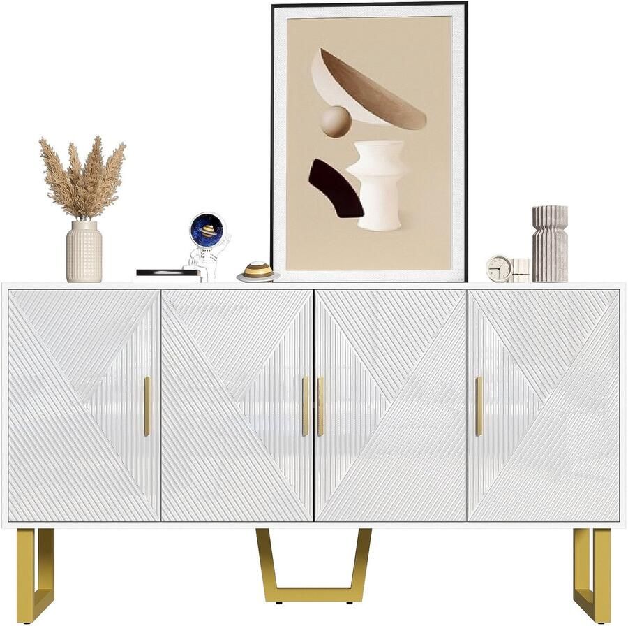 Merax Luxe Sideboard 150 cm – Dressoir met 4 Deuren en Hoogglans Voorkant – Witte Opbergkast met Gouden Handgrepen en Verstelbare Legplanken – Modern Design