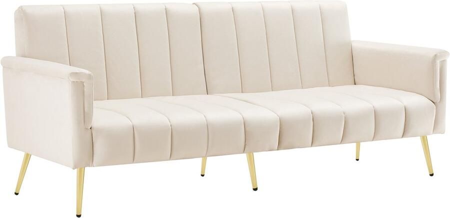 Merax Luxe Slaapbank – 2-Zits Bankstel met Verstelbare Rugleuning en Armleuningen – 183 cm – Beige Fluweel met Gouden Poten