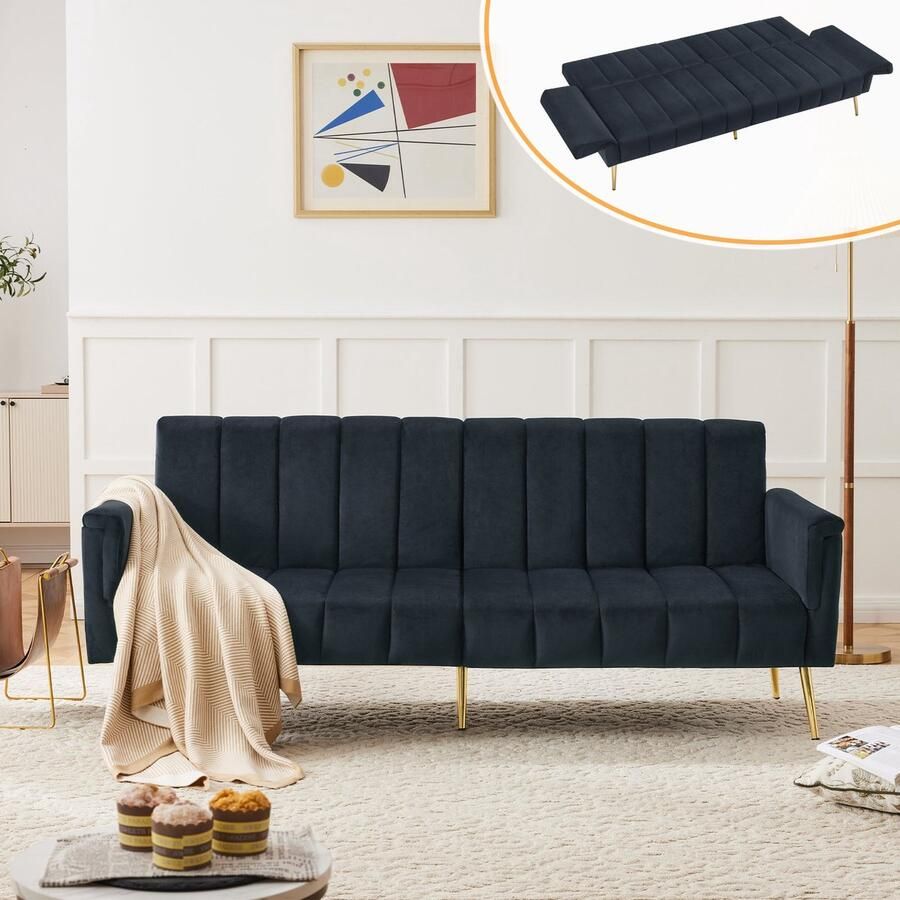 Merax Luxe Slaapbank – 2-Zits Bankstel Verstelbare Rugleuning en Armleuningen – 183 cm – Zwart Fluweel met Gouden Poten