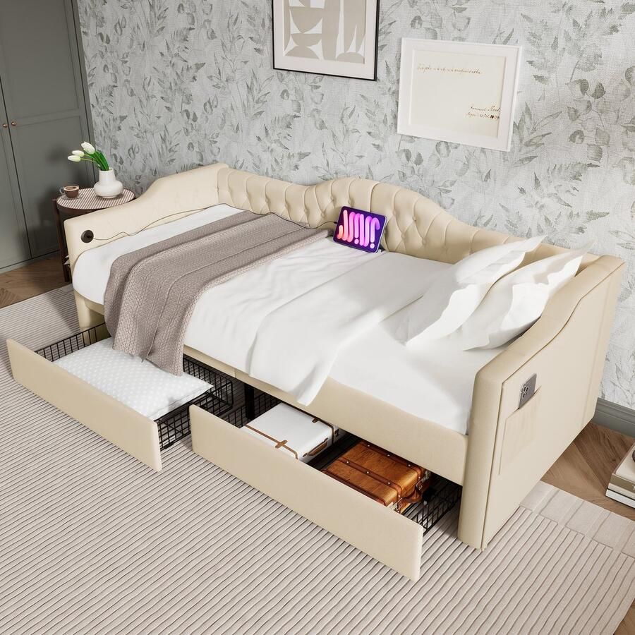 Merax Luxe Slaapbank 90x200 cm Bed met 2 Opberglades Velvet Gestoffeerd Eenpersoonsbed met USB-C Aansluiting Beige