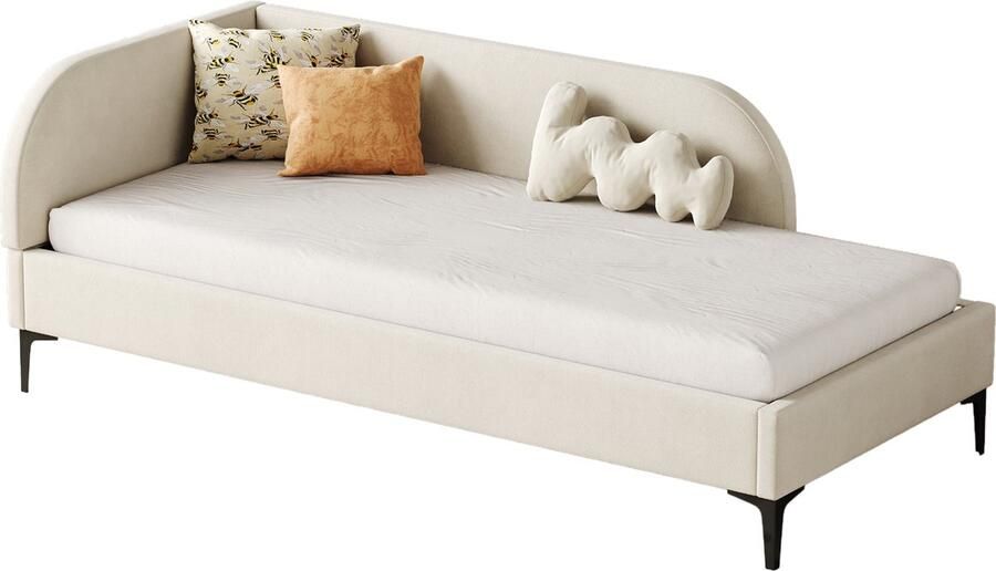 Merax Luxe Slaapbank 90x200 cm Eenpersoonsbed Velvet Gestoffeerd Sofa Bed Beige