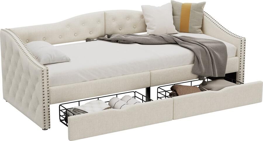 Merax Luxe Slaapbank 90x200 cm met 2 Ruime Lades Gestoffeerd Eenpersoonsbed met Opbergruimte Beige