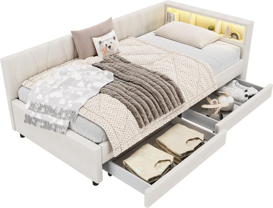 Merax Daybed 90x200 cm – Luxe Slaapbank met Opbergruimte LED-licht met Afstandsbediening USB en Type C Aansluitingen Inclusief Lattenbodem Beige (Zonder Matras)