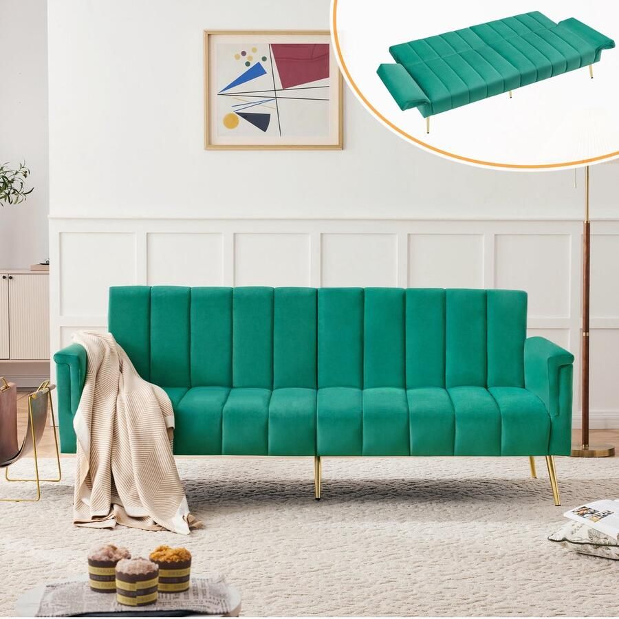 Merax Luxe Slaapbank – Groen Fluweel met Gouden Poten – 2 Zits Bankstel met Verstelbare Rugleuning en Armleuningen – 183 cm