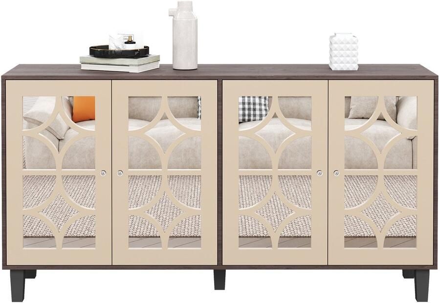 Merax Luxe Spiegelkast Sideboard – 160x40x85 cm – Dressoir met Kristalknoppen & 4 Deuren – Opbergkast Woonkamer & Eetkamer – Met Verstelbare Planken – MDF & Massief Hout