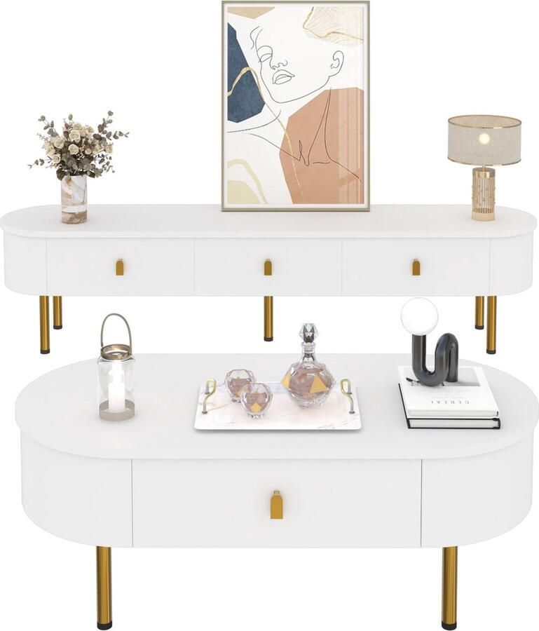 Merax Luxe TV-meubel en Salontafel Combinatie Witte MDF Gouden Handgrepen en Benen Schuine Hoeken 108 cm + 174 cm