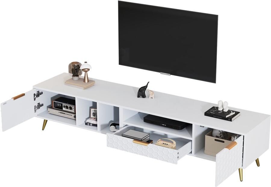 Merax Luxe TV-Standaard – Witte TV-Kast met Wabendeuren en Gouden Accenten voor TV s tot 80 Inch – 180x40x41 cm