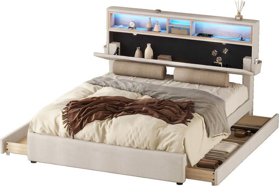 Merax Luxe Tweepersoonsbed 140x200 cm Gestoffeerd Bed met USB-oplaadfunctie en LED-verlichting Bedframe met Vier Lades en Verstelbaar Hoofdeinde Beige