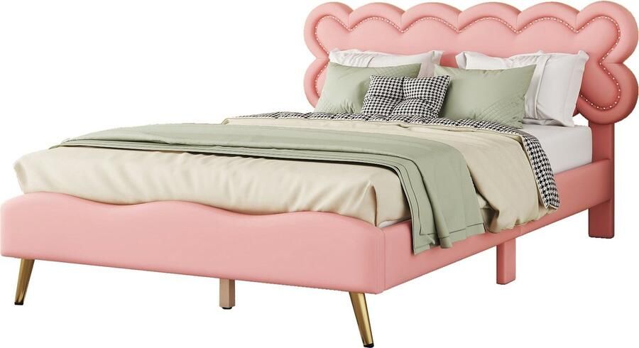 Merax Luxe Tweepersoonsbed 140x200 cm in Kunstleer Gestoffeerd Gevoerd Bed in Minimalistische Stijl Roze