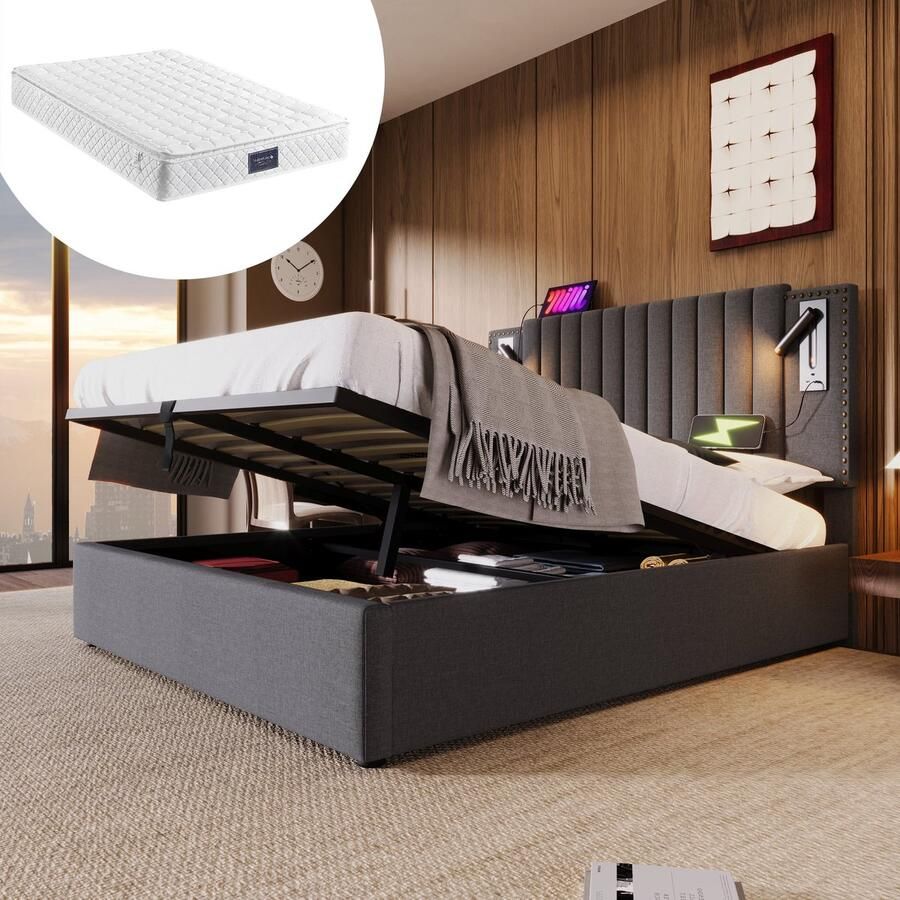 Merax Luxe Tweepersoonsbed 140x200 cm inclusief 7-Zone Koudschuimmatras Bed met Opbergruimte en USB-C Aansluiting Bedframe met Leeslamp – Verstelbaar Hoofdbord – Grijs Linnen