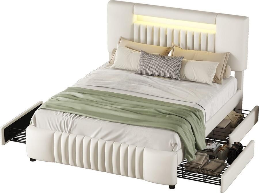Merax Luxe Tweepersoonsbed 140x200 cm Kunstleer Gestoffeerd Bed met Vier Opberglades en Hoofdbord Inclusief LED-Verlichting Beige