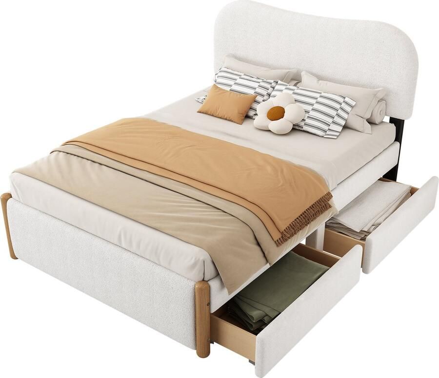 Merax Luxe Tweepersoonsbed 140x200 cm met 2 Opberglades Pluche Gestoffeerd Bed met Hoofdbord Wit