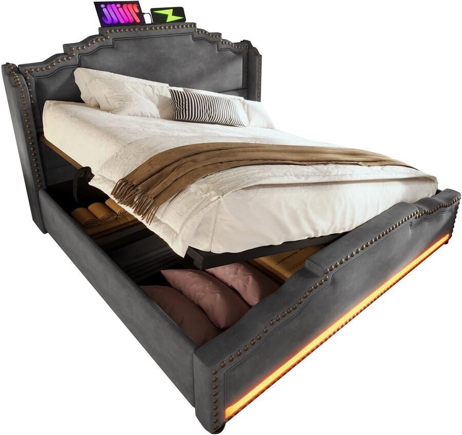 Merax Gestoffeerd Bed 160x200 cm met Matras – Fluweel Grijs – Bed met Hydraulische Opbergruimte – LED Verlichting en USB-C – Luxe Tweepersoonsbed met Houten Lattenbodem