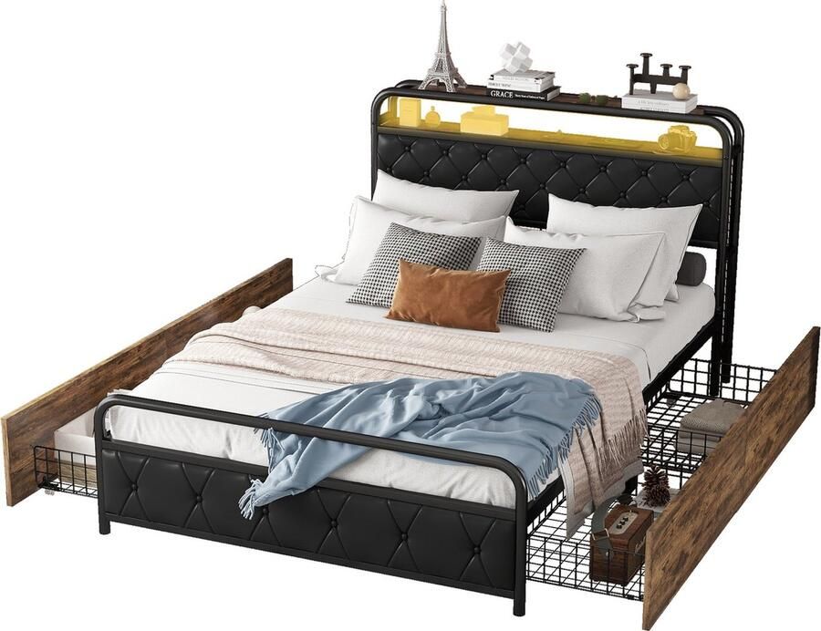 Merax Luxe Tweepersoonsbed 140x200 cm met Opbergruimte Kunstleer Gestoffeerd Bed met 4 Lades Metalen Bedframe met USB Aansluiting en LED Verlichting Zwart met Bruin